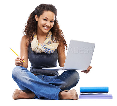 Buy stock photo Woman, student and studying on a laptop for education, knowledge or scholarship against a white studio background. Portrait of isolated female learner with computer learning with study books and tech