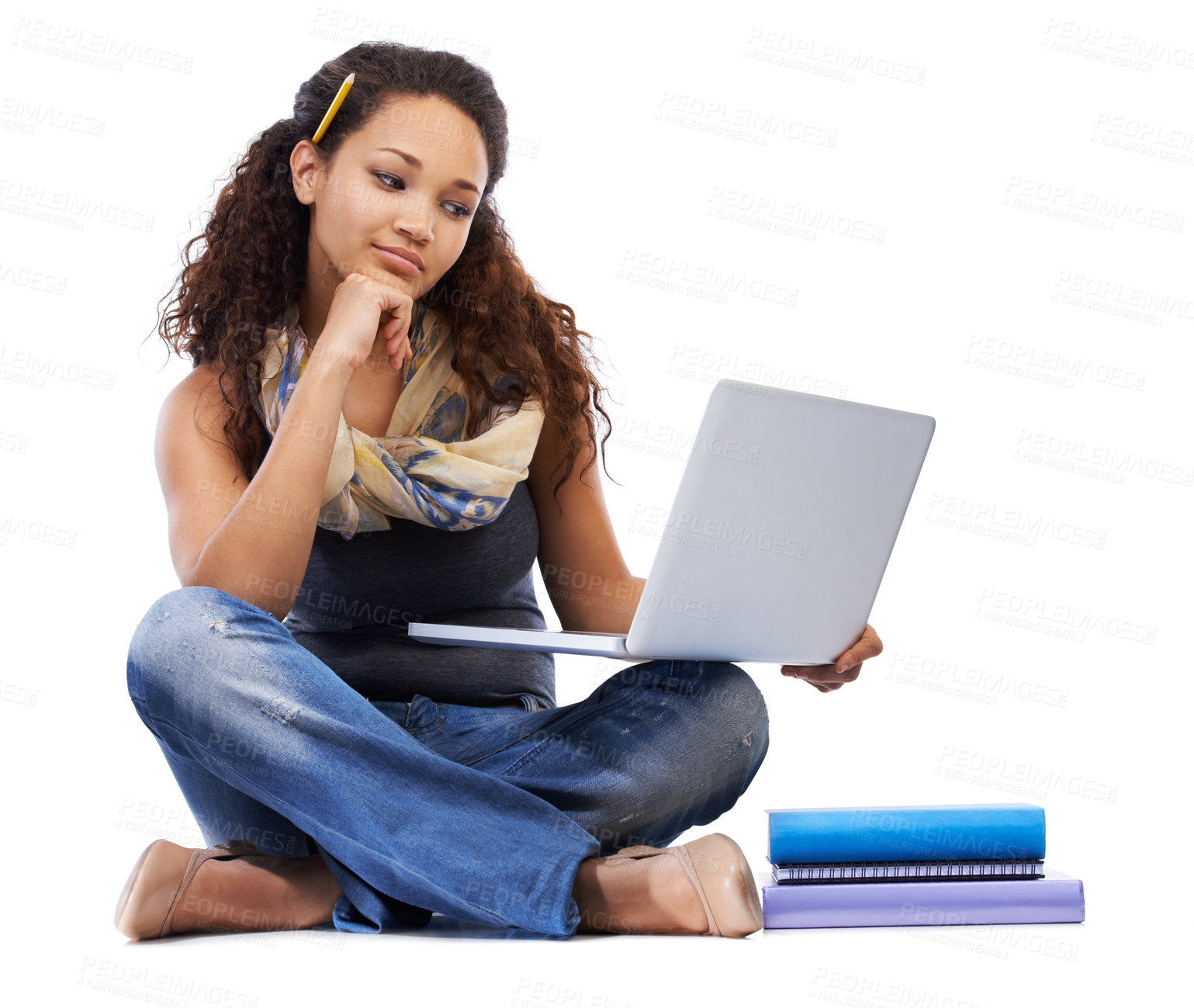 Buy stock photo Student, laptop and studying with books or thinking in studio for university education, knowledge and internet research. Young black woman, learning or reading college online notes on tech device 