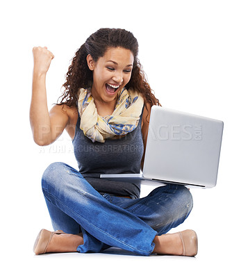 Buy stock photo Winner, success and student scholarship of girl on laptop reading online update with excited smile. Winning, happy and surprise of black woman with good news for college admission in white studio.