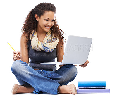 Buy stock photo Student, laptop and smile learning with books or studying in studio for university education, knowledge and internet research. Young black woman, planning or reading college notes on tech device 