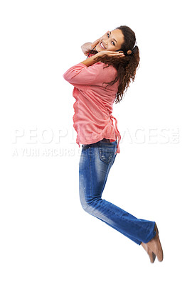 Buy stock photo Music headphones, portrait and woman jump in studio isolated on a white background mock up. Jumping, energy and happy female with hifi headset streaming, listening or enjoying podcast, radio or audio