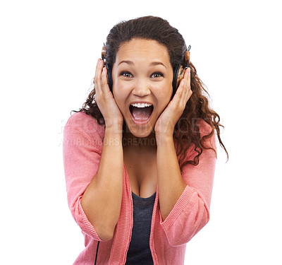 Buy stock photo Scream, headphones and woman on a white background with wow face for news or announcement on audio. Surprise, winning and winner black woman listening to music or radio on streaming service in studio