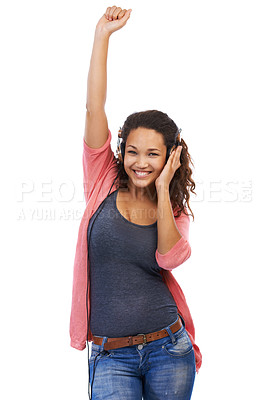 Buy stock photo Portrait, music and woman with headphones in studio isolated on a white background mock up. Face, dance and happy female with headset streaming, listening or enjoying podcast, radio or audio song.