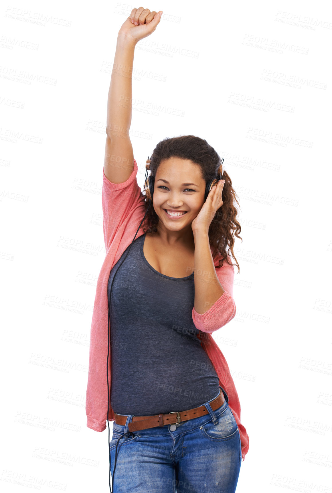 Buy stock photo Portrait, music and woman with headphones in studio isolated on a white background mock up. Face, dance and happy female with headset streaming, listening or enjoying podcast, radio or audio song.