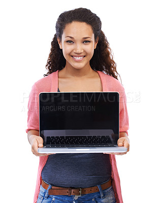 Buy stock photo Woman, laptop and mockup with portrait smile, technology and internet, wireless connection against white background. Happy woman, pc marketing and digital with website and tech product placement 