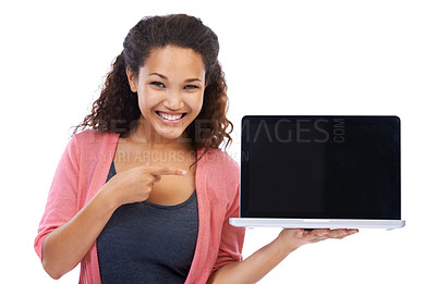 Buy stock photo Woman in portrait with laptop mockup, technology and internet, wireless connection against white background. Female hand pointing, pc marketing and digital with website and tech product placement 