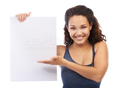 Buy stock photo Girl, mock up and advertising paper portrait showing empty, blank and promotion signboard for campaign. Happy black woman presenting poster mockup in isolated white background for marketing.

