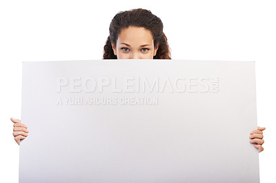 Buy stock photo Black woman, blank board and empty sign with eyes peeking in studio for sales marketing, advertising and company news mockup banner. African girl, peekaboo and design signage in white background