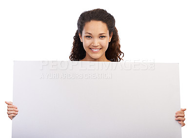 Buy stock photo Black woman, smile portrait and blank poster or billboard in studio for sales marketing, advertising and company news mockup. African girl, happy model and design signage space in white background