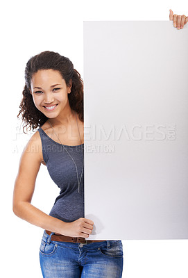 Buy stock photo Black woman, portrait and mockup with advertising poster and smile with empty promo placard. Happy, young and optimistic girl holding poster mockup in white studio for marketing campaign.


