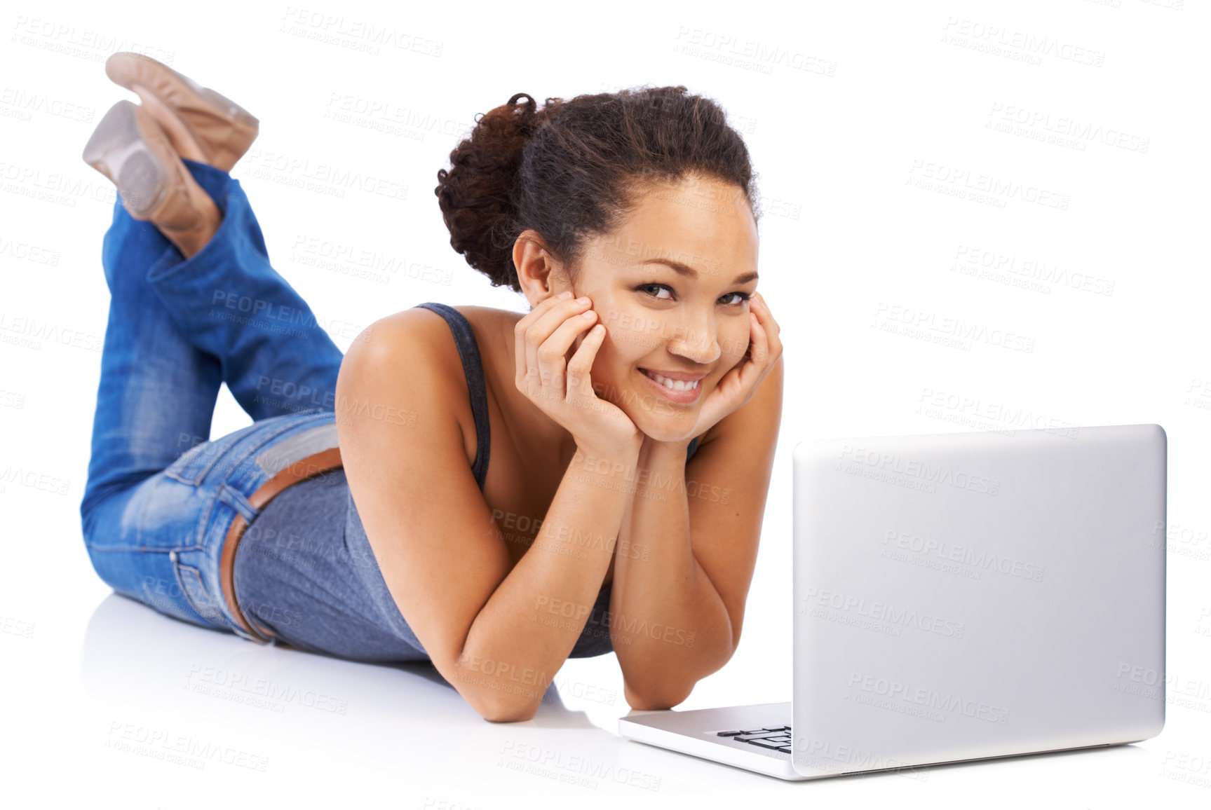 Buy stock photo Portrait, laptop and black woman on floor of studio, isolated white background and happy face. Female model, computer and technology for social network, online shopping and internet seo, web and blog