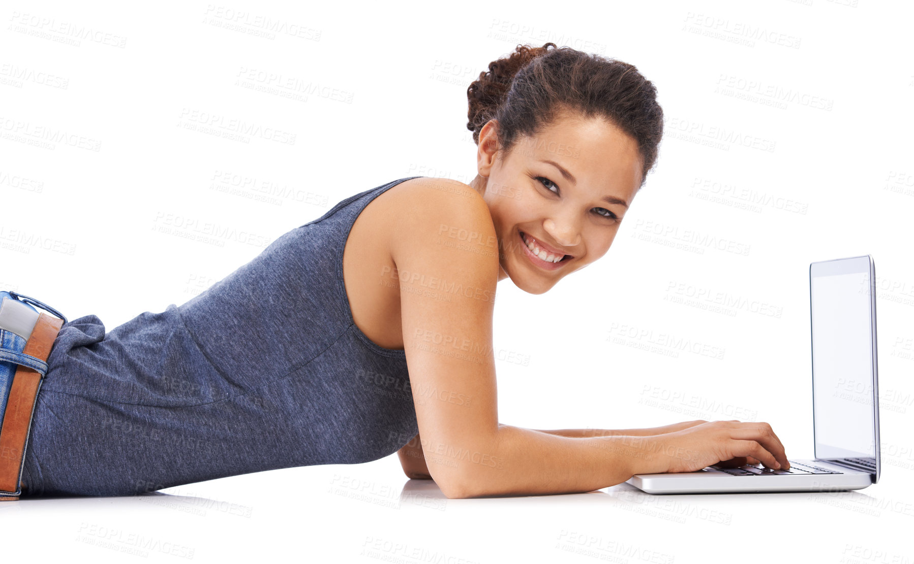 Buy stock photo Laptop, student and portrait of woman on studio floor for research, writing and online project. Education and black woman elearning, university and internet search, creative and white background