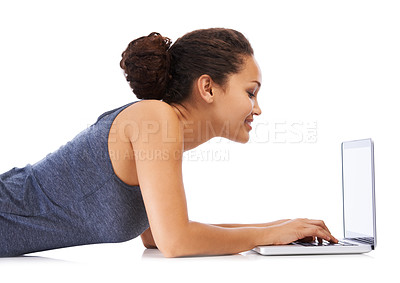 Buy stock photo Education, laptop and woman learning on studio floor on creative, homework or project on space. Thinking, study and university student relax, smile and happy for distance learning on white background