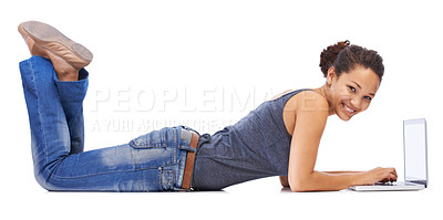 Buy stock photo Portrait, laptop and student relax on studio floor for research, learning and project on white background. Study, education and girl typing, internet and search for creative, online and isolated