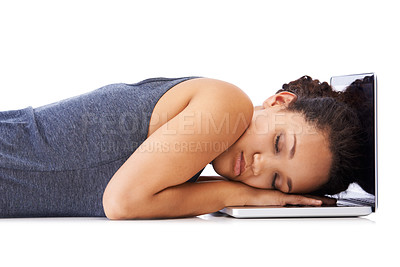 Buy stock photo Tired, sleeping and laptop of student in studio for study depression, burnout and mental health risk. Black woman with fatigue, low energy and depressed sleep on pc while studying for university exam