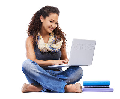 Buy stock photo Student, reading and typing notes on laptop, studying with books or planning university education, knowledge and internet research. Young black woman, web lecture and college notes on tech device 