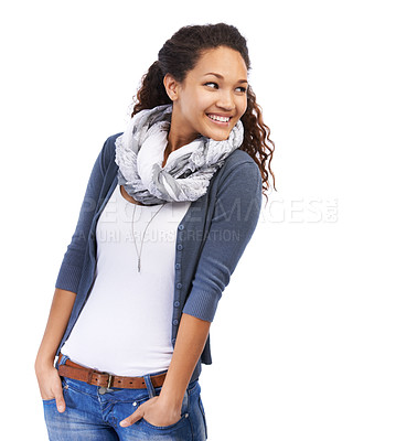 Buy stock photo Black woman, thinking and fashion for stylish, casual clothing and girl isolated on white studio background. African American female, young lady and trendy clothes for outing, relax and happiness