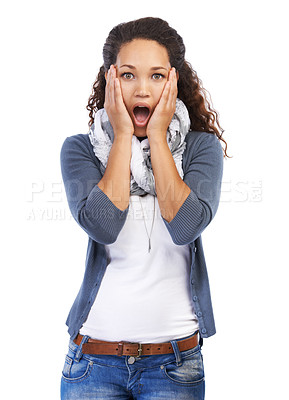 Buy stock photo Woman shock with hands on face on a white background for news, announcement or broadcast of sale in studio. Omg, wow and surprise black woman with fashion discount, promotion or gossip in a portrait