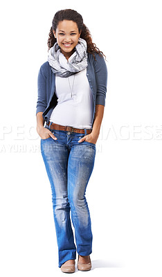 Buy stock photo Black woman, model and portrait of a happy person with fashion and natural beauty. White background, woman and isolated student with hands in jeans, happiness and full body standing feeling cute 