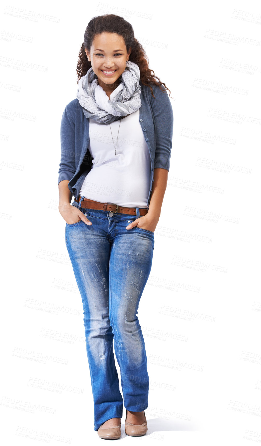 Buy stock photo Black woman, model and portrait of a happy person with fashion and natural beauty. White background, woman and isolated student with hands in jeans, happiness and full body standing feeling cute 