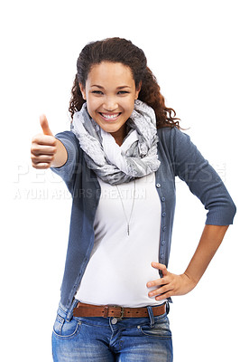 Buy stock photo Thumbs up, success and portrait of woman in studio on a white background. Ok hand gesture, like emoji and happy female model with thumbsup for motivation, support or approval, thank you or agreement.