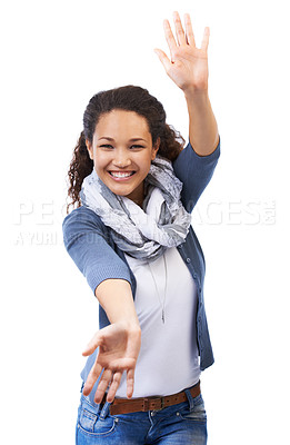 Buy stock photo Open arms, smile and woman on a white background for advertising, copy space and marketing in studio. Creative, fashion and portrait of girl for announcement, product placement and emotion reaction