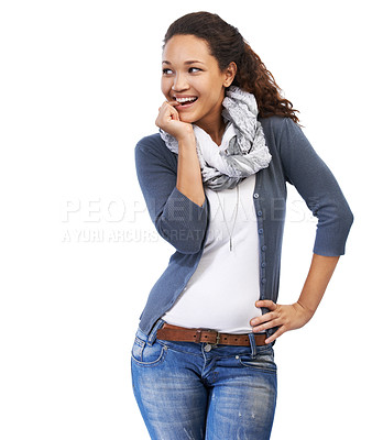 Buy stock photo Fashion, studio and woman with bite finger for cute expression, smile and happiness on white background. Smile, cosmetics and girl in designer, trendy and stylish clothes with confident attitude