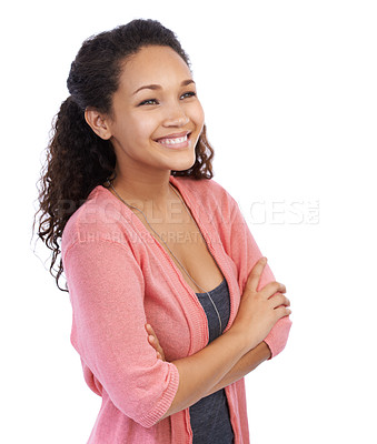 Buy stock photo Thinking, vision and mindset with a black woman in studio isolated on a white background while standing arms crossed. Idea, happy and smile with an attractive young female looking toward mockup space
