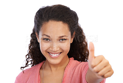Buy stock photo Success, thumbs up and face portrait of woman in studio on a white background. Hand gesture, like emoji and happy female model with sign for motivation, support or approval, thank you or agreement.