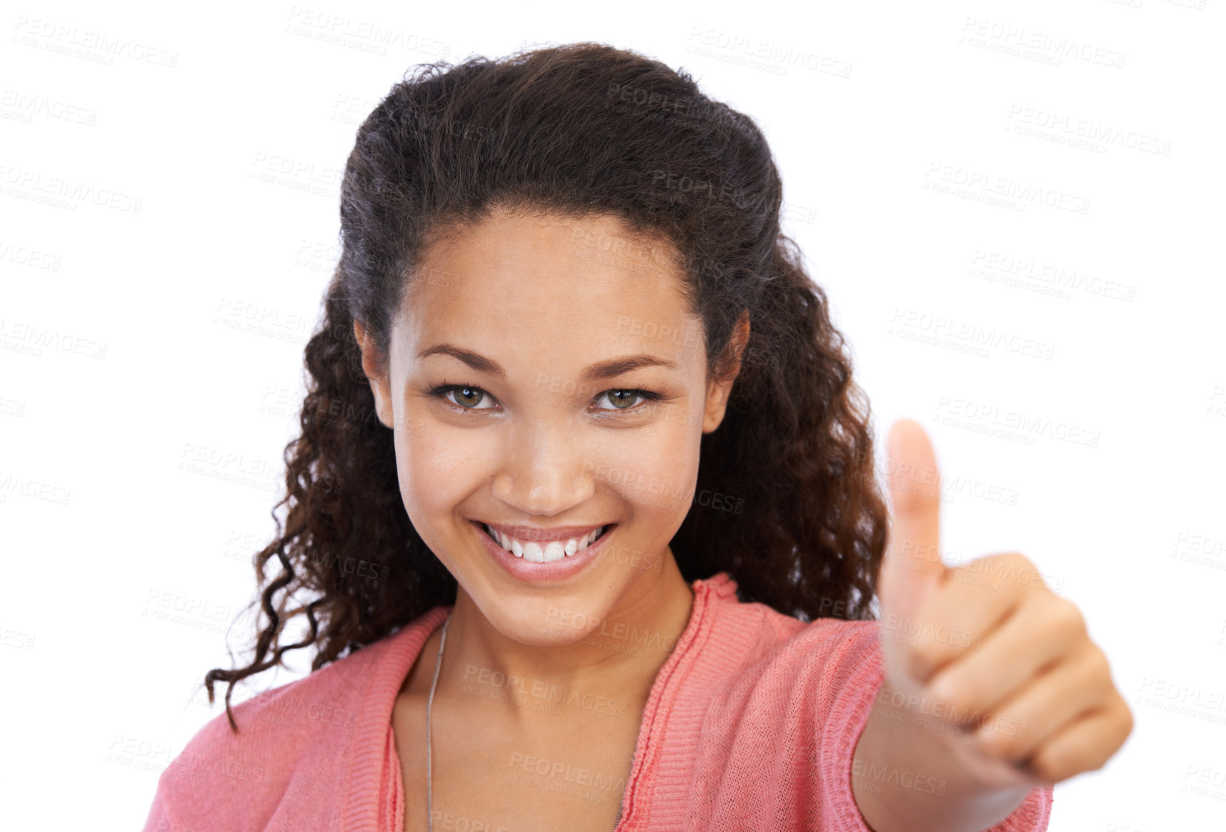 Buy stock photo Success, thumbs up and face portrait of woman in studio on a white background. Hand gesture, like emoji and happy female model with sign for motivation, support or approval, thank you or agreement.