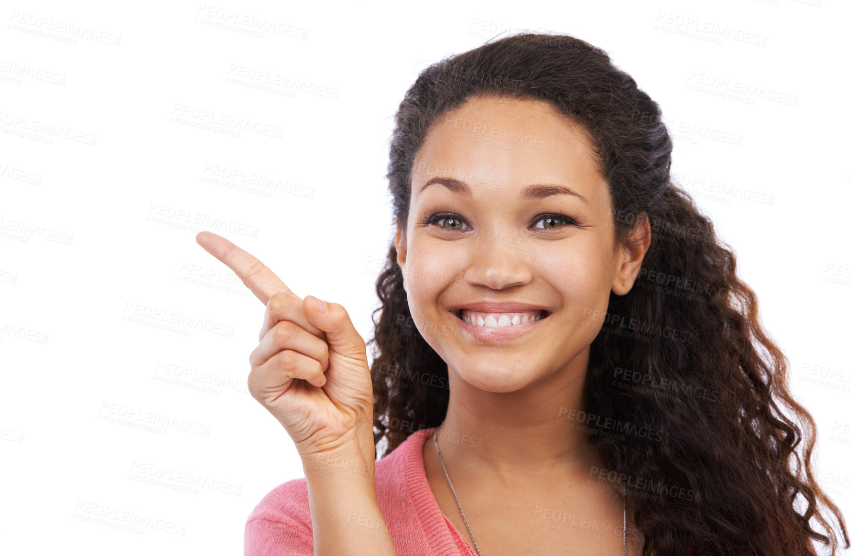 Buy stock photo Young black girl, smile portrait and point finger for advertising mockup, marketing and branding in white background. Person, happy face and gesture, happiness and product placement space in studio