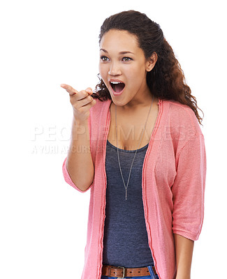 Buy stock photo Excited, pointing and black woman surprise, shocked or happy girl isolated on white studio background. African American female, lady and point with achievement, marketing or advertising with discount