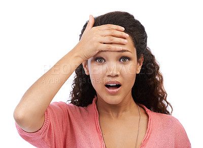 Buy stock photo Portrait of black woman with shock and hand on head in disbelief isolated on white background. Stress, surprise and shocked woman with worry and anxiety, confused while holding forehead in studio.