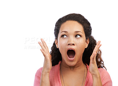 Buy stock photo Black woman, wow face and hands in studio for shocked expression, news or open mouth by white background. Woman, surprise facial and isolated model with fashion, announcement or notification with omg
