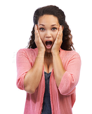 Buy stock photo Portrait, wow and surprise with a black woman in studio on a white background in surprised shock. Face, hands and wtf with an attractive young female feeling overwhelmed with a shocked expression