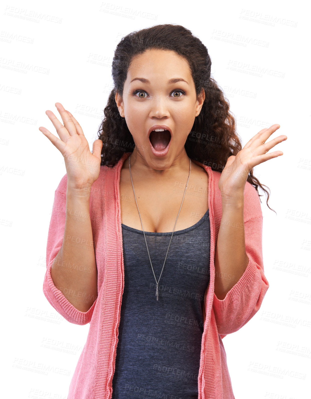 Buy stock photo Portrait, wow and shock with a black woman in studio on a white background in shocked surprise. Face, hands and wtf with an attractive young female feeling overwhelmed with a surprised expression