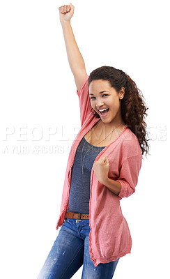 Buy stock photo Portrait, winner and success celebration of woman in studio isolated on a white background mock up. Winning, achievement and happy young female fist pump celebrating goals, targets or lottery victory