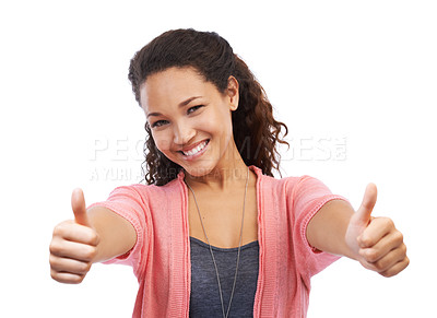 Buy stock photo Success, face portrait and thumbs up of woman in studio on a white background. Hands gesture, like emoji and happy female model with sign for motivation, support or approval, thank you or agreement.