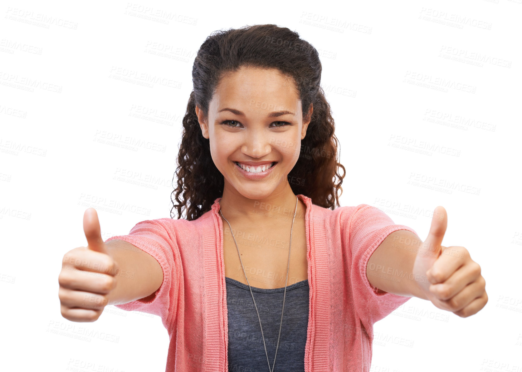 Buy stock photo Face portrait, success thumbs up and woman in studio on a white background. Hands gesture, like emoji and happy female model with sign for motivation, support and approval, thank you and agreement.