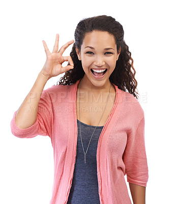 Buy stock photo OK sign, black woman portrait and hand for support, success and approval on white background. Smile and face of excited female model with perfect finger emoji for motivation, feedback or review