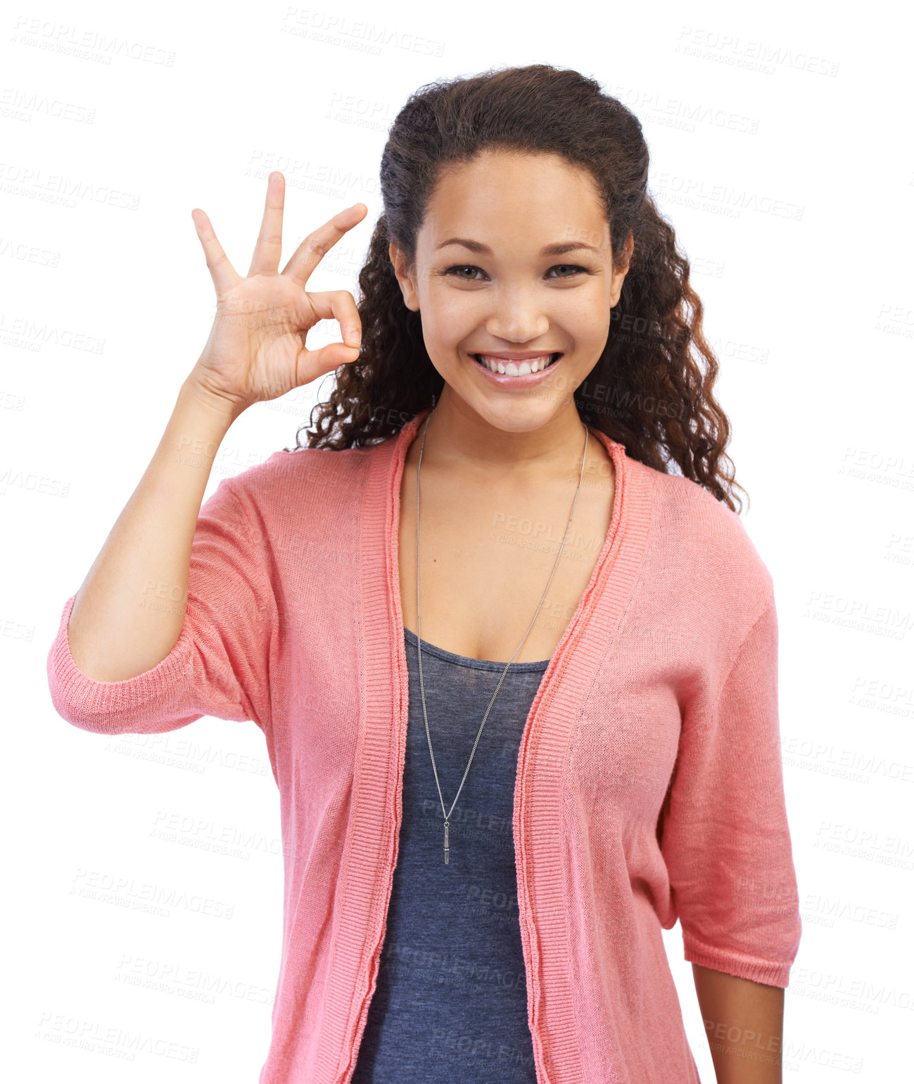 Buy stock photo Black woman, portrait and ok hand sign for support, success and approval on white background. Smile and face of a happy female model with perfect finger emoji for motivation, feedback and trust