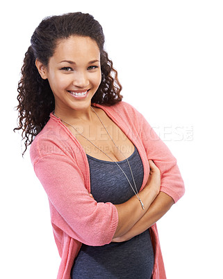 Buy stock photo Beauty, fashion and smile with portrait of black woman with arms crossed for style and happiness. Natural, lifestyle and confident model for motivation, smile and happy face on white background