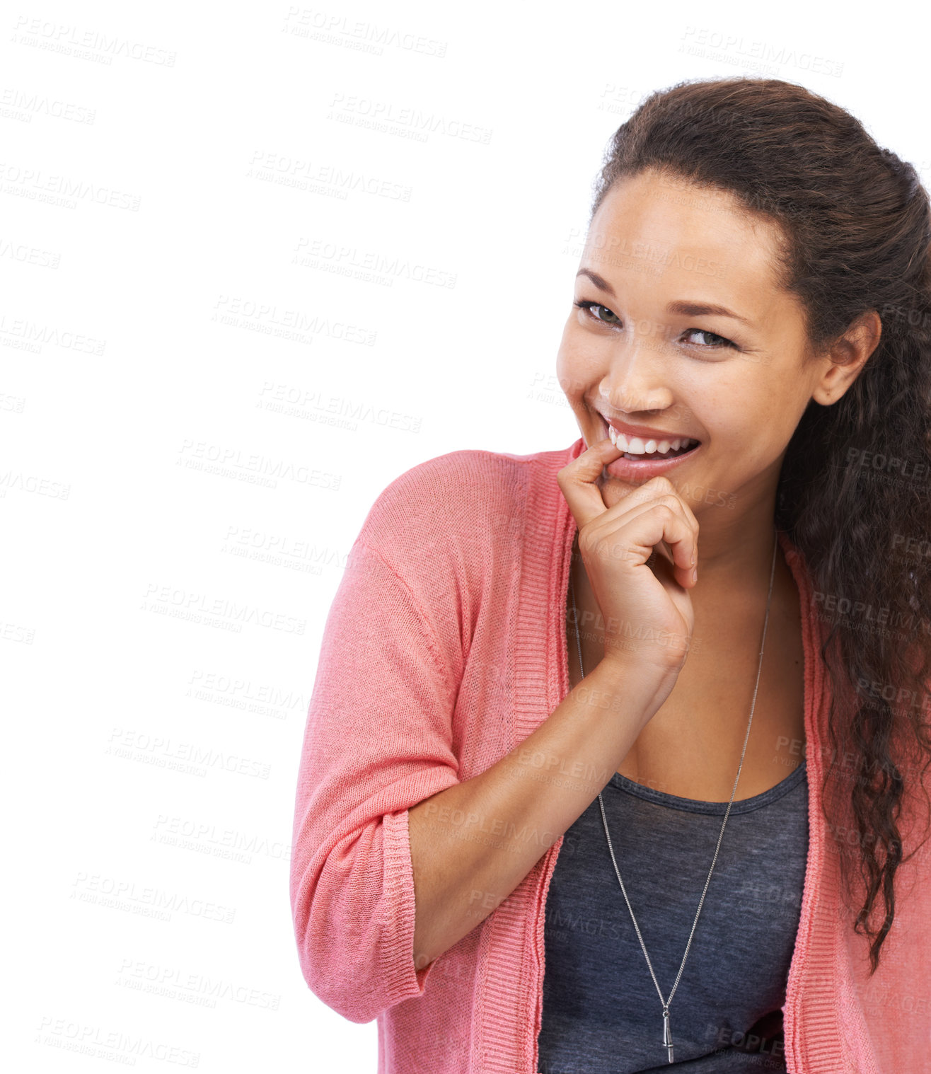 Buy stock photo Planning, idea and woman biting finger portrait with happy, aha and cheerful smile with mock up. Happiness of black woman with ideas, confidence and optimistic mindset in white background.

