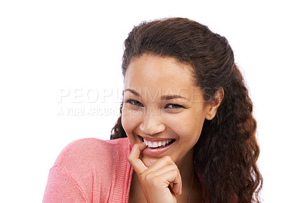 Buy stock photo Excited girl and biting finger portrait with happy, aha and cheerful smile for brainstorming. Happiness of black woman with ideas, confidence and optimistic mindset in white studio background

