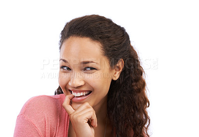 Buy stock photo Thinking, idea and black woman biting finger with happy, aha and cheerful smile for brainstorming. Happiness of young woman with ideas, confidence and optimistic mindset in white studio background.

