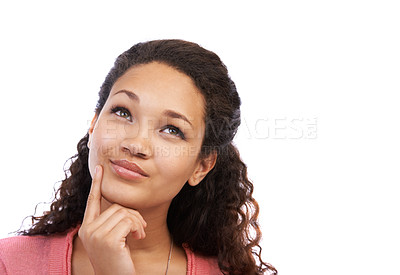 Buy stock photo Thinking, choice and face of a black woman with an idea on an isolated white background in a studio. Wondering, decision and emoji of an African girl looking thoughtful on a studio background