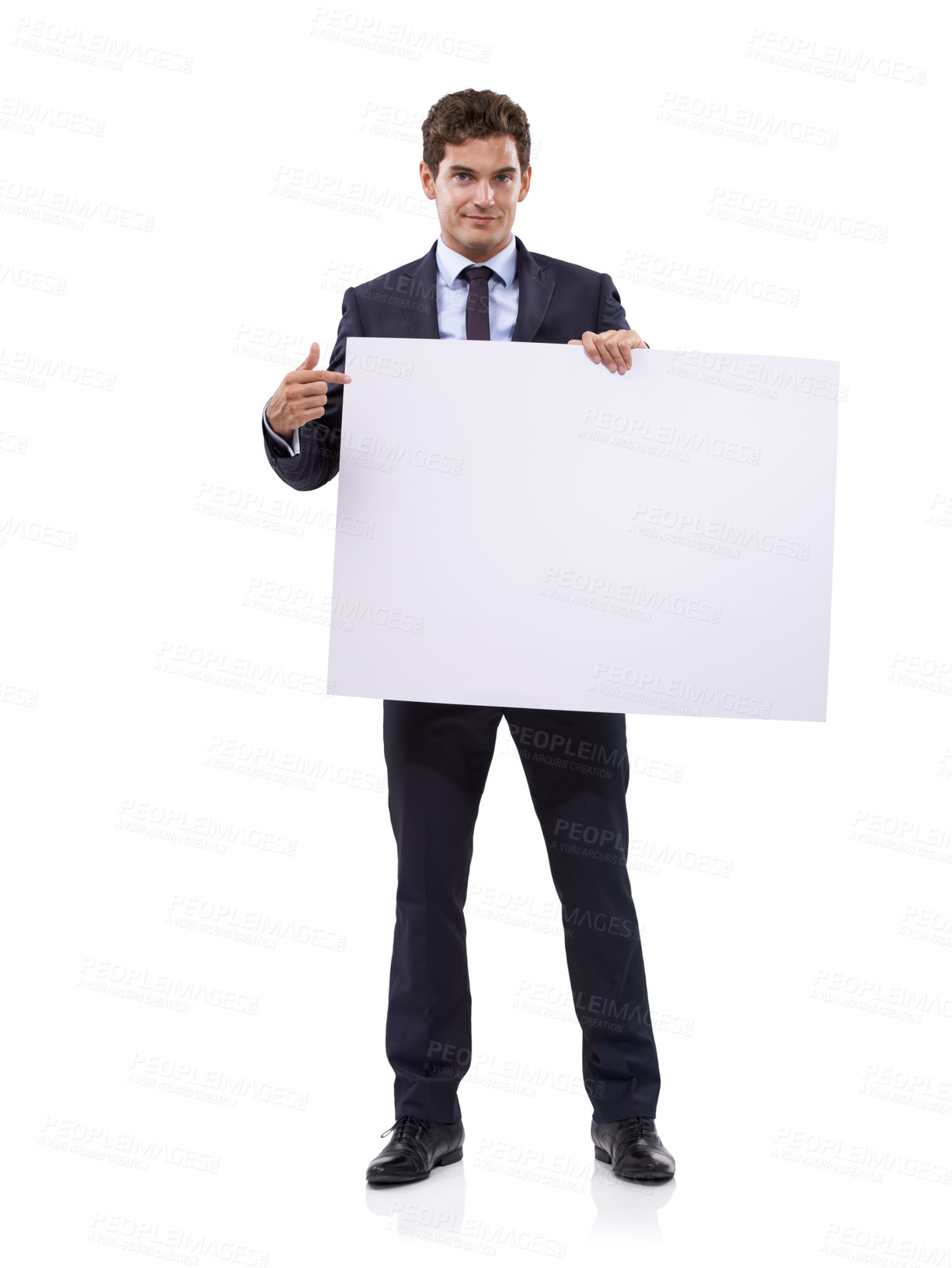 Buy stock photo Business man, poster mockup and pointing to presentation for advertising of job opportunity, news or information in studio. Portrait of boss or corporate person with paper space on a white background