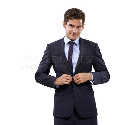 Buy stock photo Button, jacket and portrait of businessman with suit, pride and confidence in white background or studio. Entrepreneur, manager and boss adjusting fashion with assertive, power or mock up space