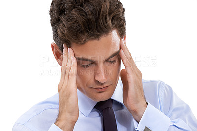 Buy stock photo Headache, pain and businessman with stress in studio, white background or mockup. Migraine, fatigue and tired entrepreneur with burnout from work or frustrated from a mistake, fail or crisis