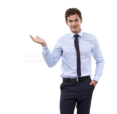 Buy stock photo Portrait, presentation and hand gesture with a business man in studio isolated on a white background. Marketing, advertising and information with a confident young employee  on space as a speaker